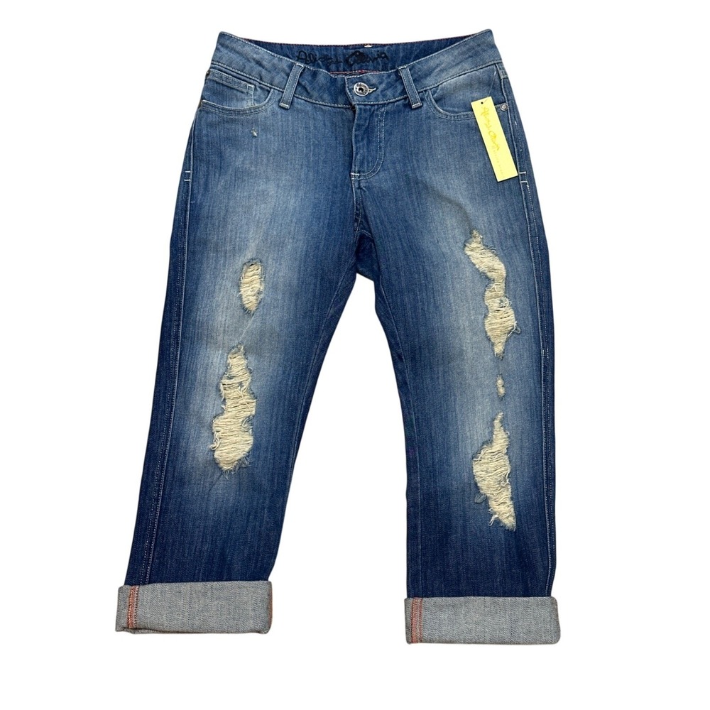 Alice + Olivia Distressed Boyfriend Jeans Cuffed Crop Medium Wash NWT 2